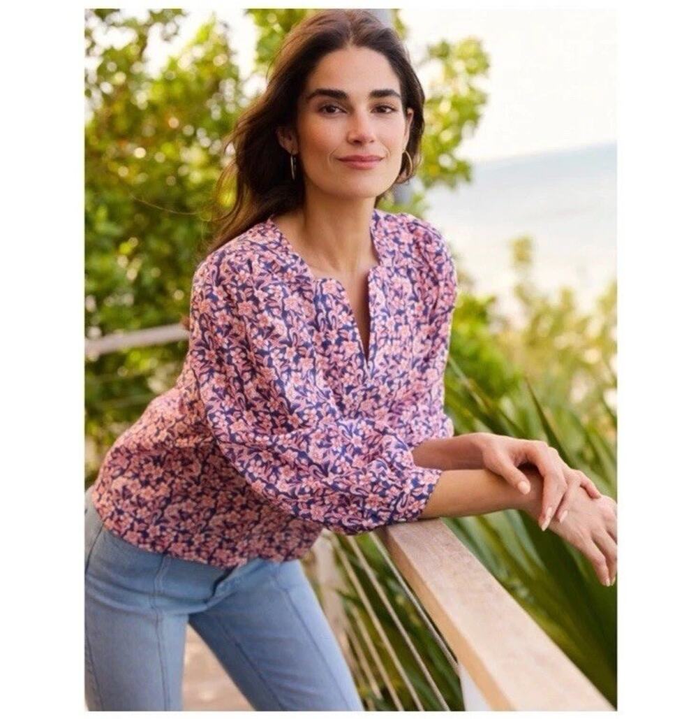 J. Mclaughlin Georgette V-Neck Blouse Navy Blue & Red Ramie & Tencel Size XL